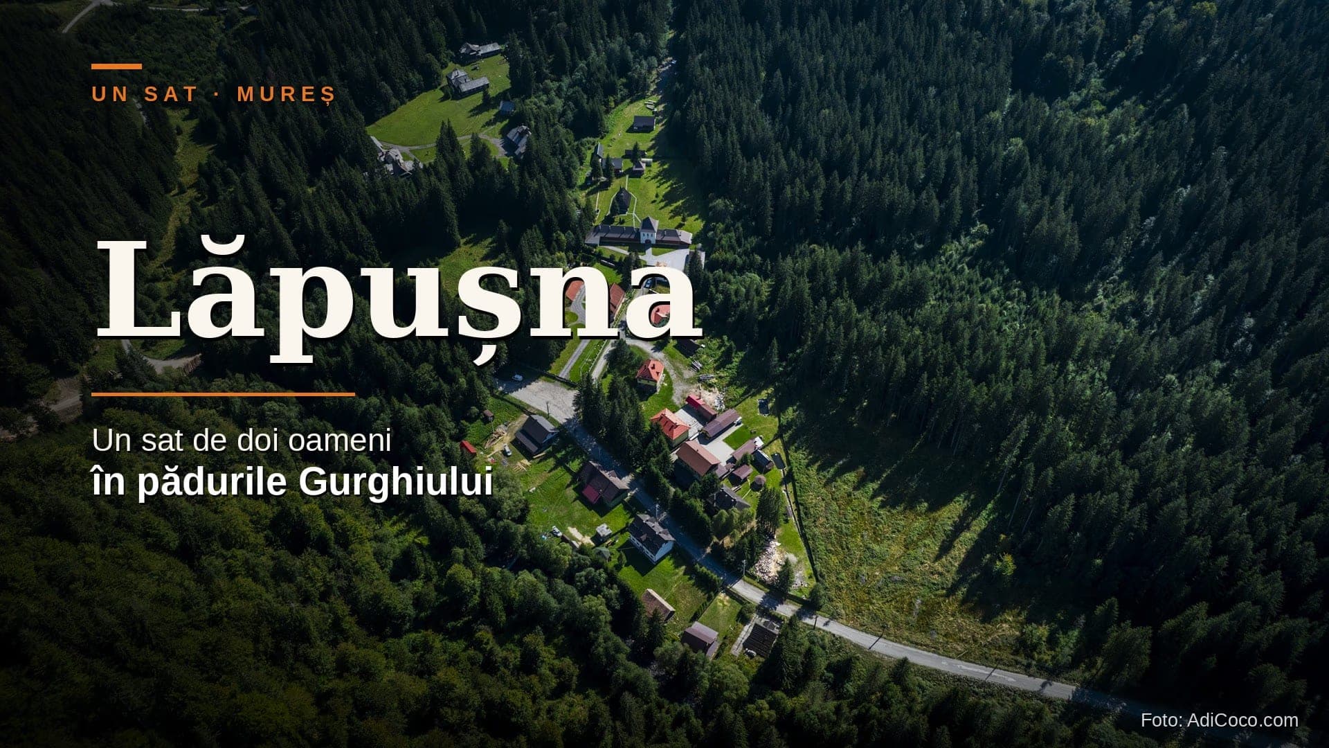 Vedere aeriană a satului Lăpușna, cu câteva case într-un luminiș în mijlocul pădurilor Munților Gurghiu