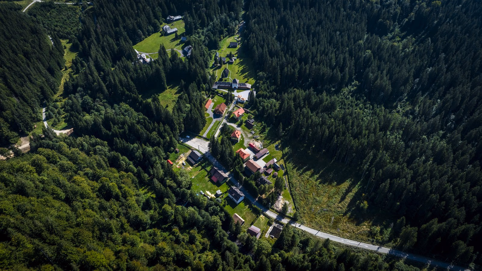 Vedere aeriană a satului Lăpușna, cu câteva case într-un luminiș înconjurat de pădure deasă, în Munții Gurghiu.