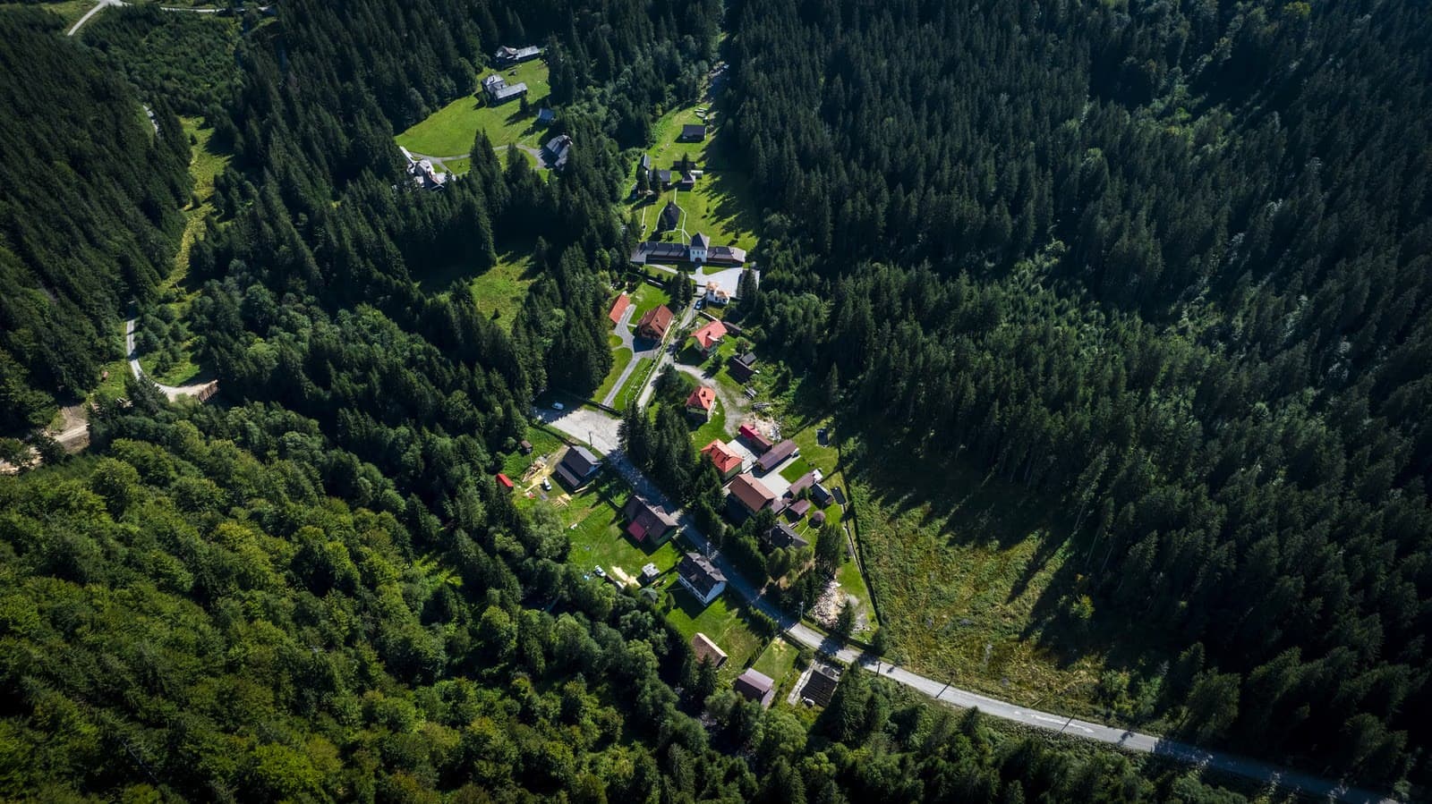 Vedere aeriană a satului Lăpușna, cu câteva case într-un luminiș înconjurat de pădure deasă, în Munții Gurghiu.