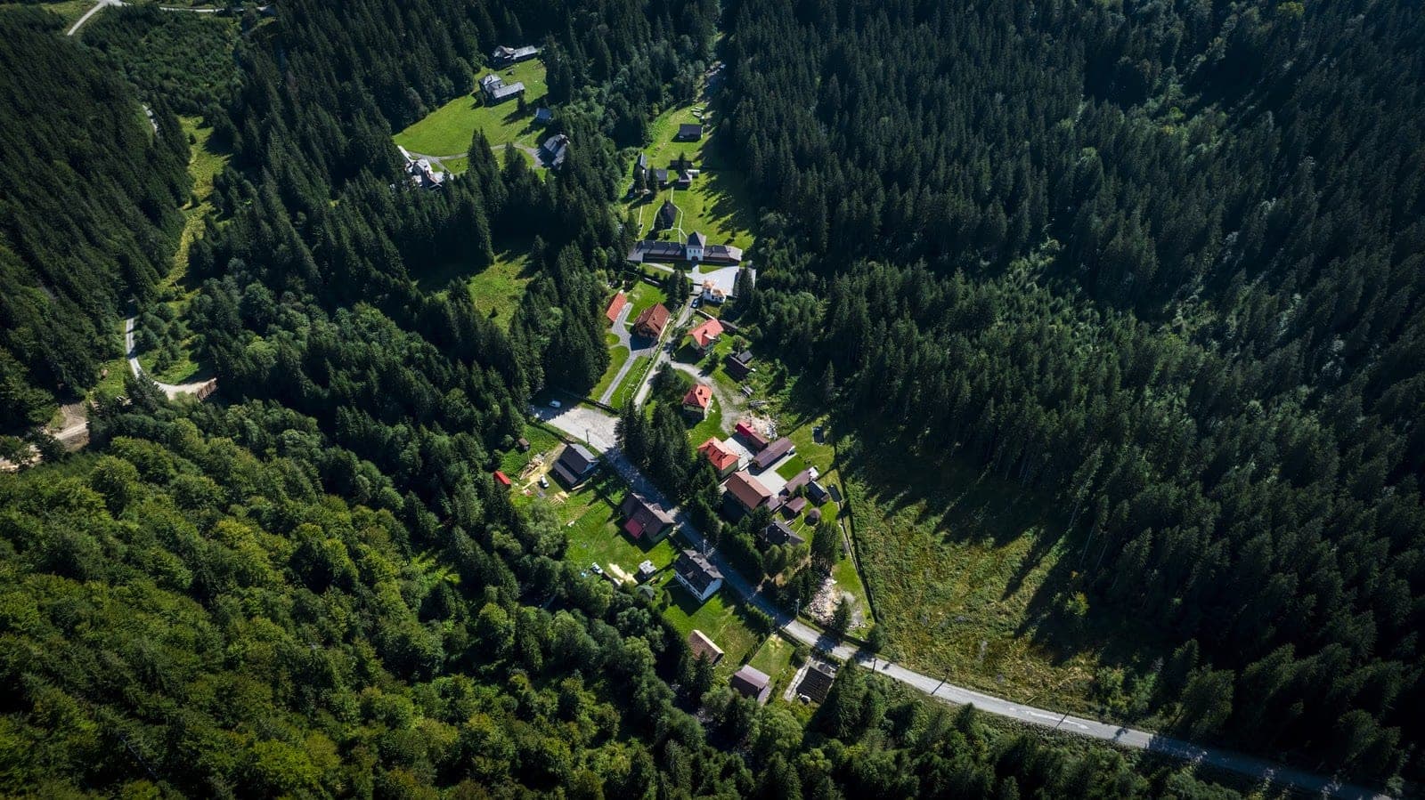 Vedere aeriană a satului Lăpușna, cu câteva case într-un luminiș înconjurat de pădure deasă, în Munții Gurghiu.