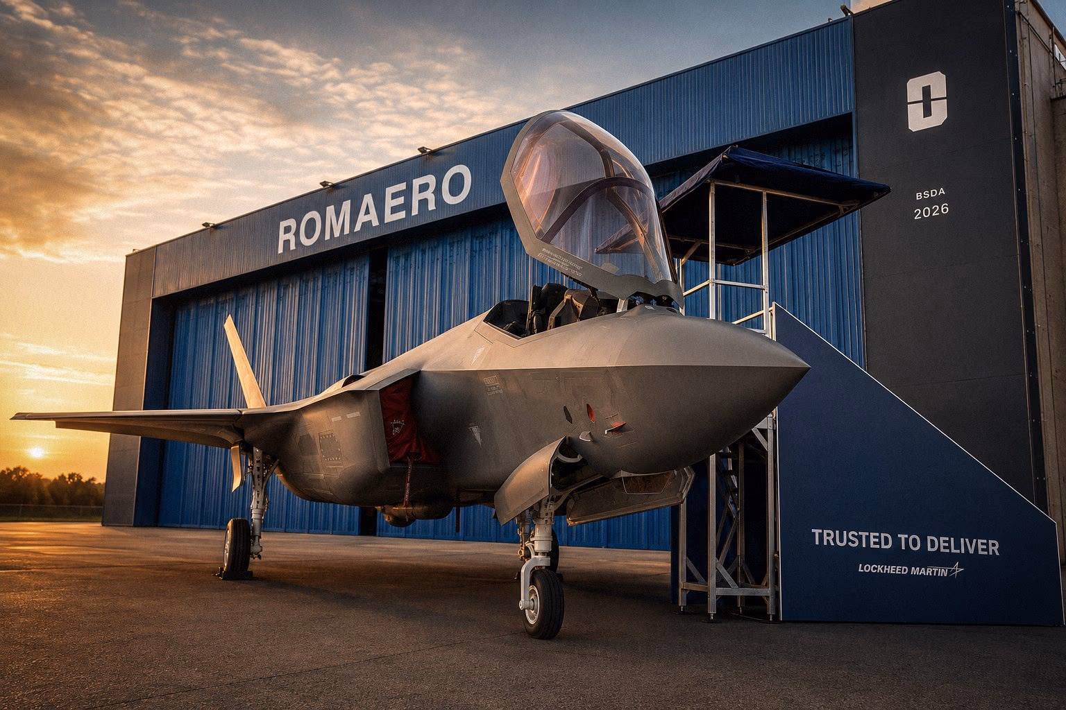 Egy F-35A részlete a Lockheed Martin pavilonjában, BSDA 2026, Bukarest Romaero