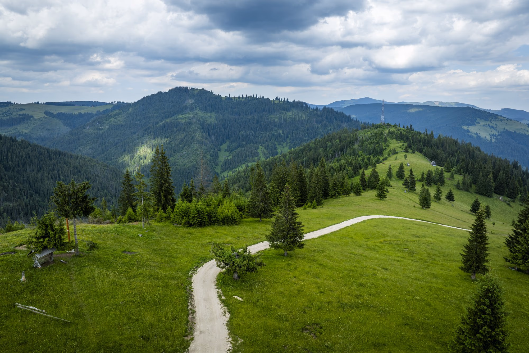 Drumul alb șerpuind prin poiana verde, văzut din dronă
