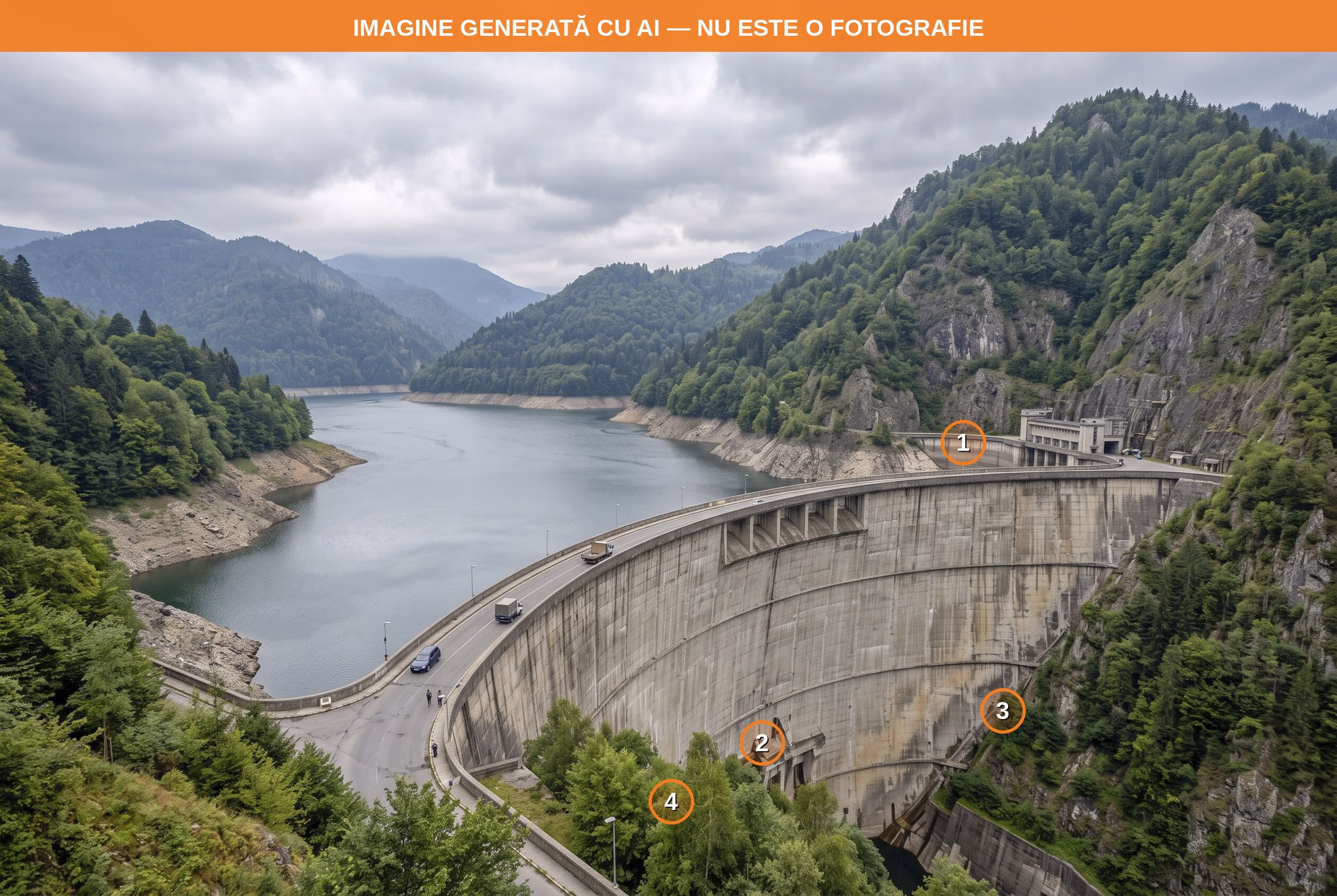 Imagine generată cu AI reprezentând un baraj de acumulare, cu patru zone marcate cu cifre