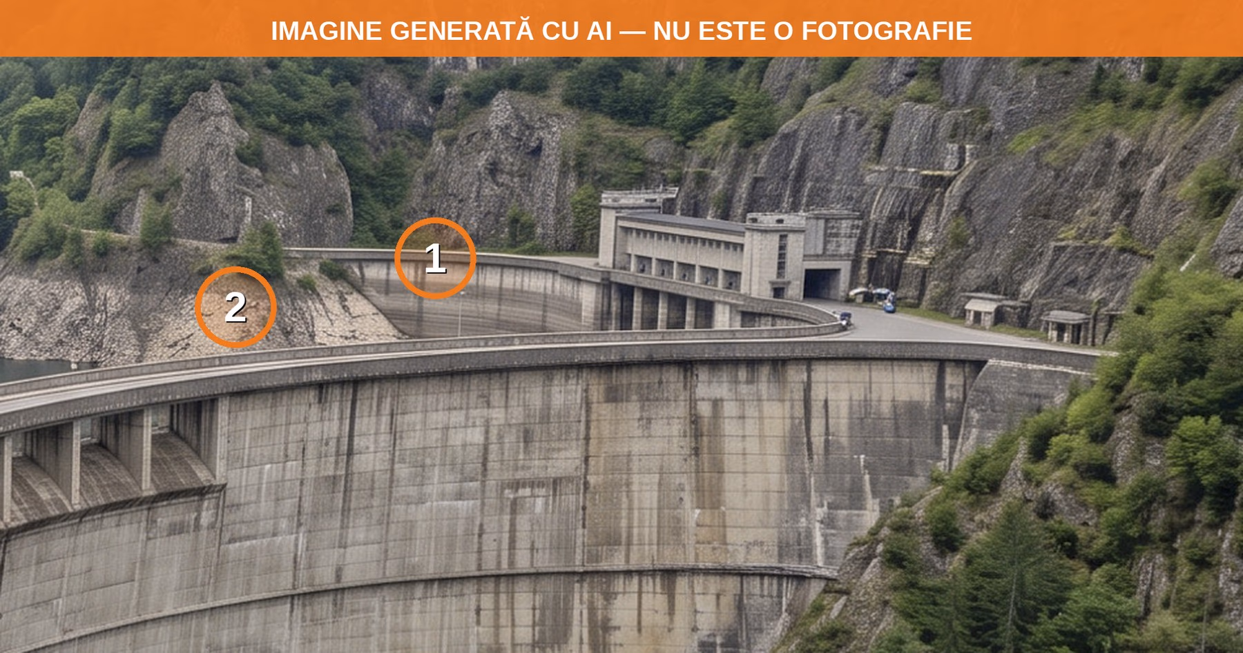 Detaliu din imaginea generată: coronamentul principal și, în spatele lui, un al doilea coronament cu o cuvetă uscată