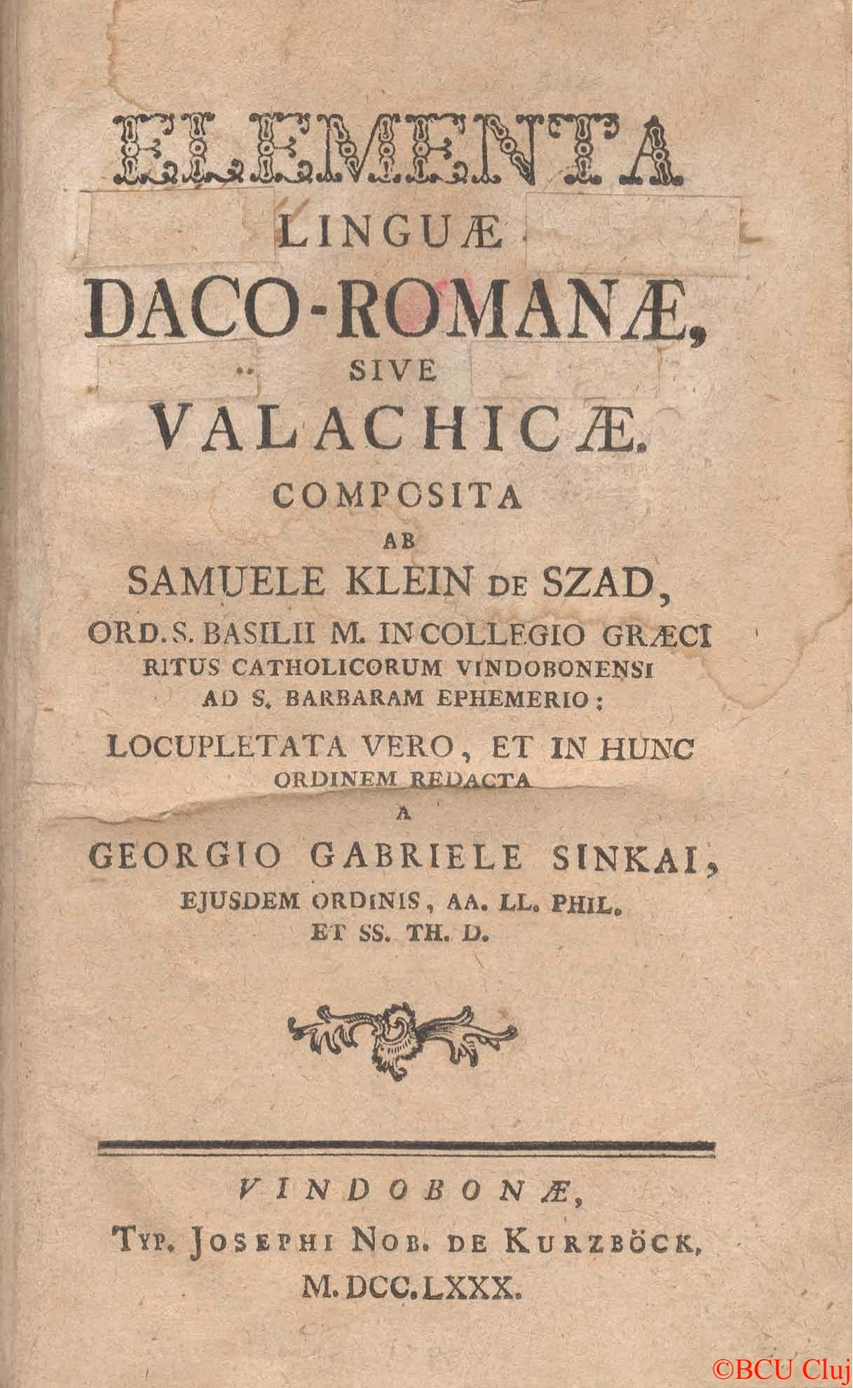 Title page of the grammar Elementa linguae daco-romanae, printed in Vienna in 1780