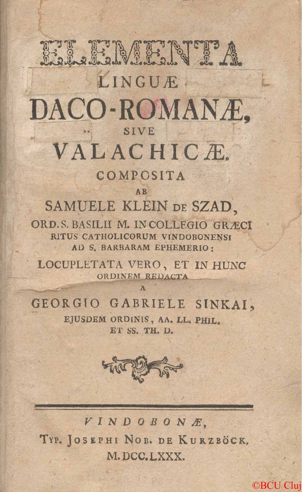 Pagina de titlu a gramaticii Elementa linguae daco-romanae, tipărită la Viena în 1780