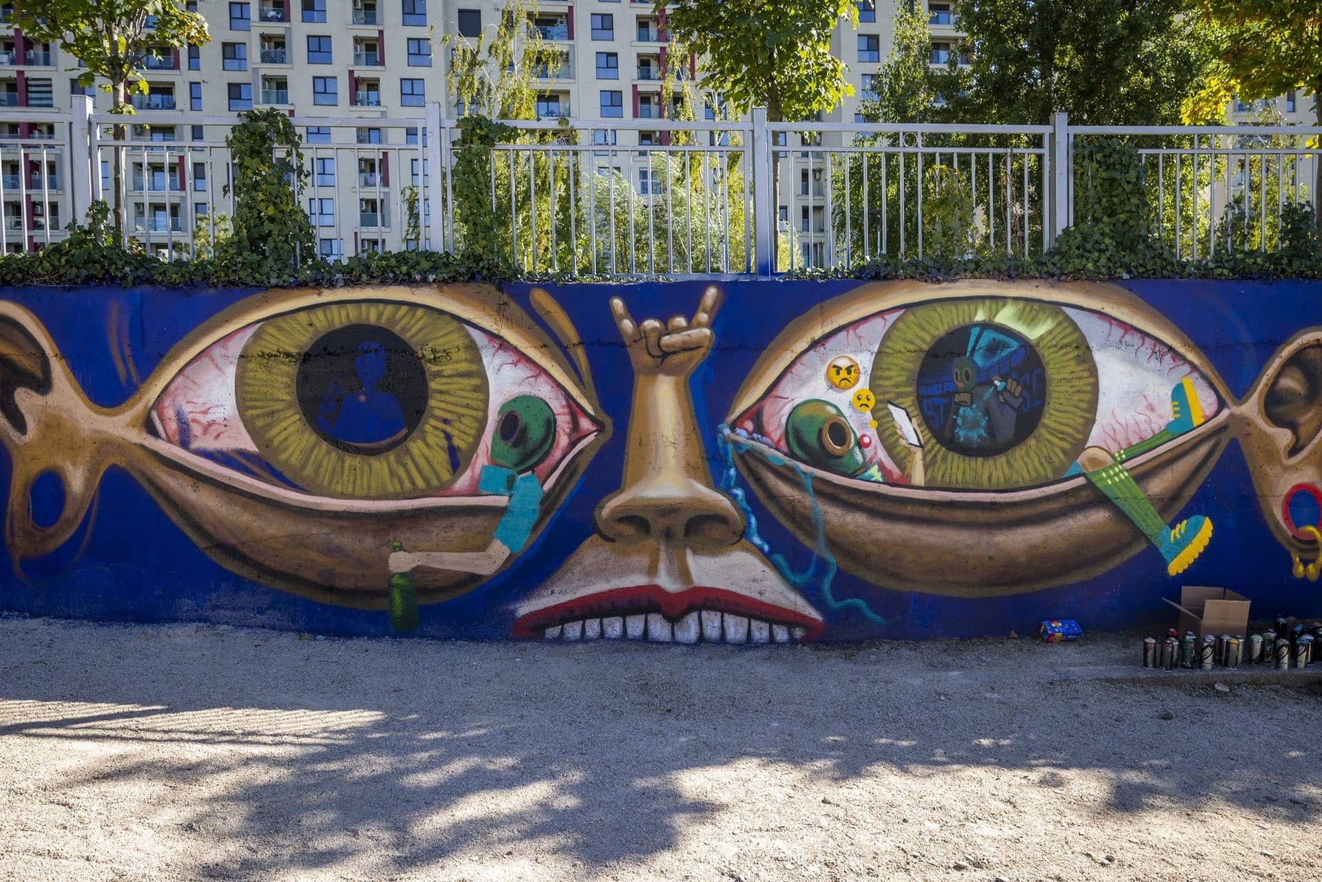 Mural terminat cu o față mare și doi ochi, pe peretele pasajului, cu blocuri și copaci în fundal