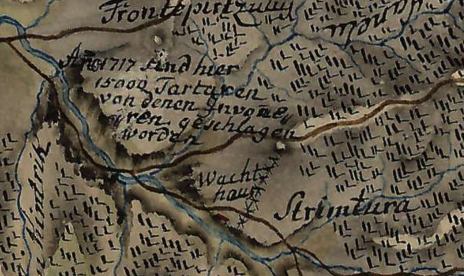 Detail from the First Military Survey map: the handwritten note about the Tatars defeated in 1717, the "Wachthaus" guardhouse and the place name "Strimtura", on the Vișeu valley