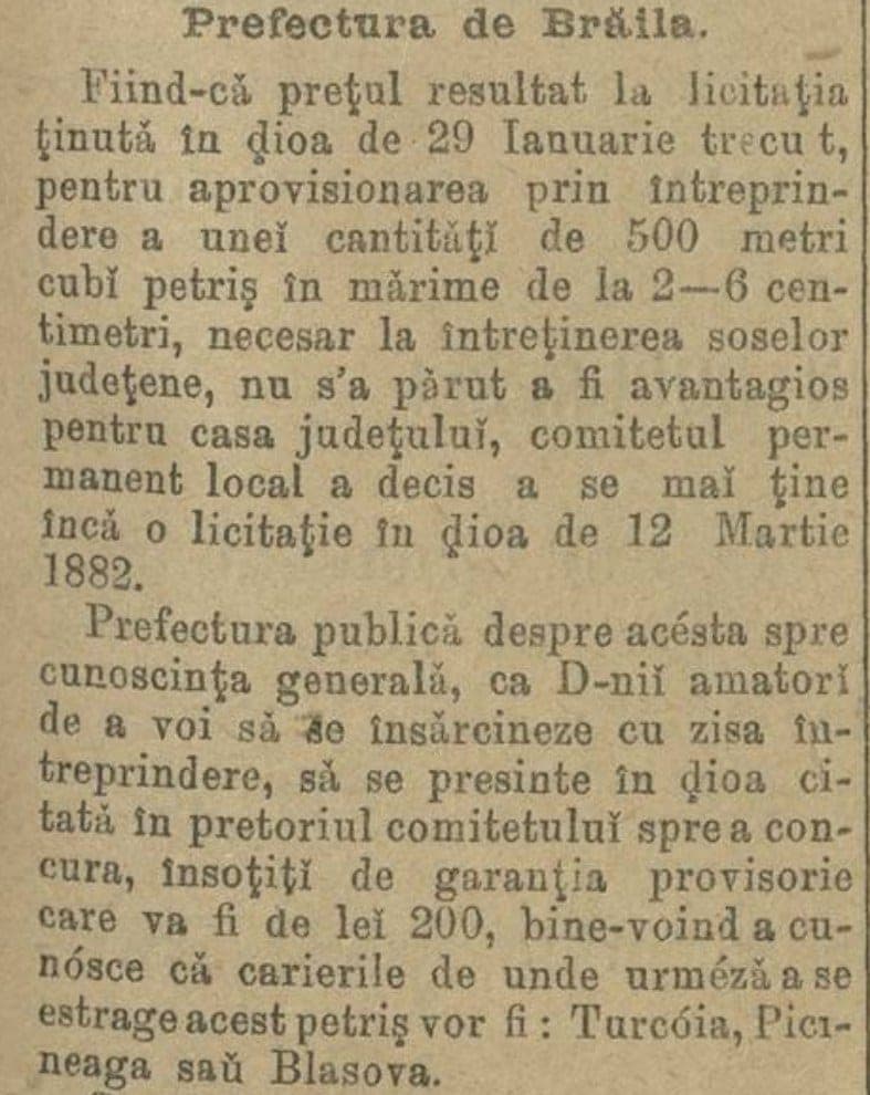 The Brăila prefecture's notice in Monitorul Oficial, February 1882, naming the quarries at Turcoaia, Picineaga and Blasova