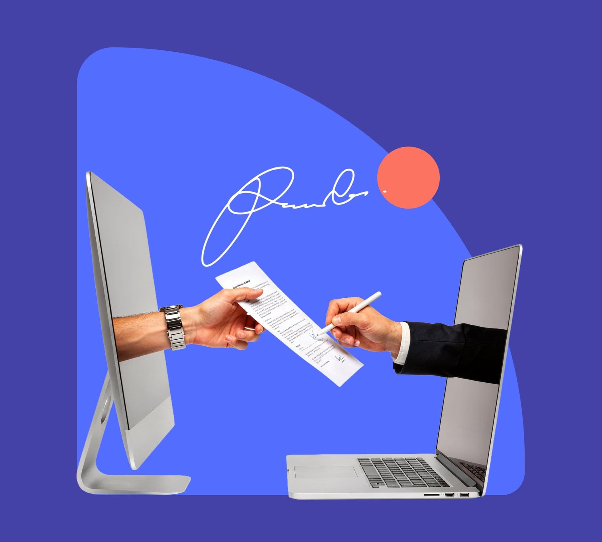 Colaj de prezentare Mysign: o mână întinde un document dintr-un monitor, iar o altă mână îl semnează dintr-un laptop