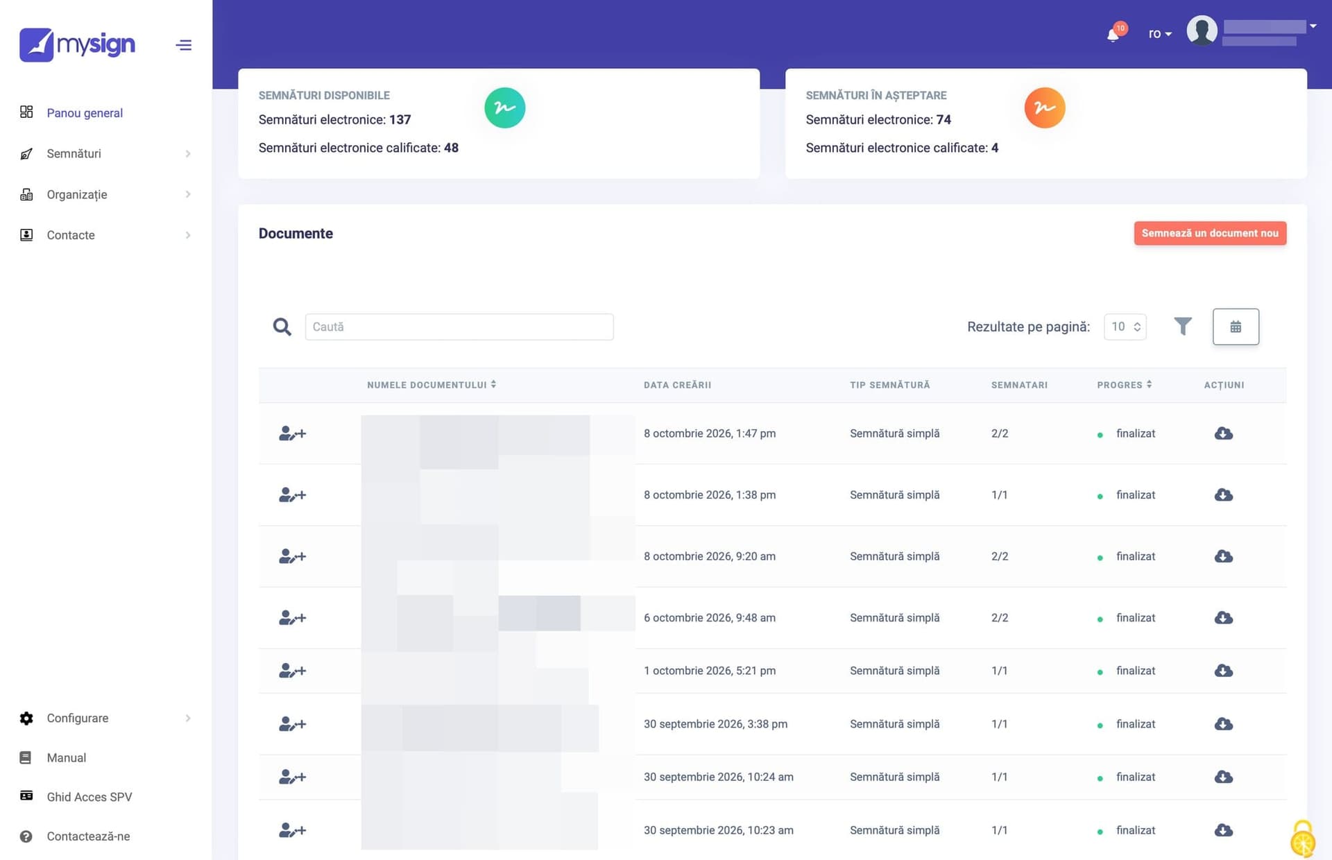 Captură de ecran a panoului general Mysign, cu semnăturile electronice simple și calificate disponibile și în așteptare și lista documentelor semnate